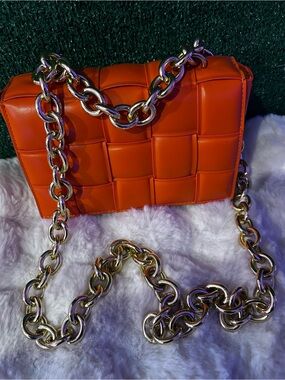Woven Quilted Shoulder Bag in Vibrant Orange with Chunky Chain